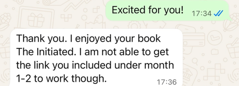 Reader message: I enjoyed your book The Initiated